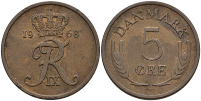 ДАНИЯ 5 ЭРЕ 1968 C; S, ФРЕДЕРИК IX (1947-1972) KM 848.1 бронза 4566-516