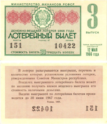 Министерство финансов РСФСР лотерейный билет денежно-вещевой лотерии стоимостью 30 копеек 1966 3-й выпуск, разряд 47 aUNC 8603-51-2-2