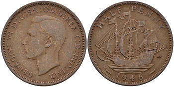Великобритания 1/2 пенни 1946 Георг VI (1936-1952) KM 844, Spink 4115 бронза 4592-344