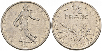 Франция 1/2 франка 1965 сеятель KM 931, Le Franc 198.3 никель 44-112