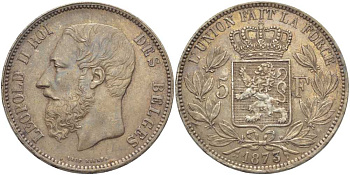 Бельгия 5 франков 1873 Леопольд II (1865-1909), позиция А KM 24 серебро 5010-931