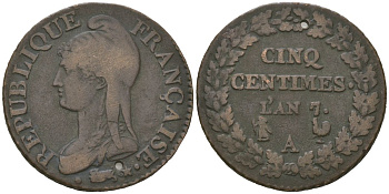 Франция 5 сантимов 1798 LAN 7, A, Исполнительная директория (1795-1799), отверстие KM 642 медь 113-313