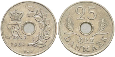 Дания 25 эре 1968 С;S, Фредерик IX (1947-1972) KM 855.1 медно-никель 94-153