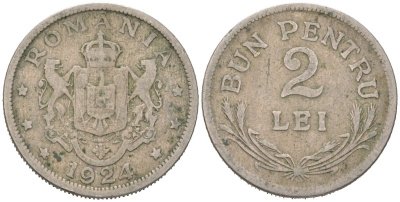 Румыния 2 лея 1924 Фердинанд I (1914-1927) KM 47 медно-никель 183-1011
