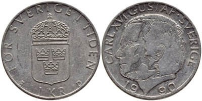 Швеция 1 крона 1990 Карл XVI Густав (1973- ) KM 852a медно-никель 4398-1217
