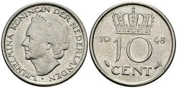 Нидерланды 10 центов 1948 Вильгельмина (1895-1948) KM 177 никель 96-525
