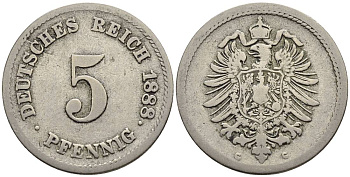 ГЕРМАНИЯ 5 ПФЕННИГОВ 1888 G, СТАРОГЕРБОВКА KM 3, Jager 3, Weege 5 медно-никель 4546-1053