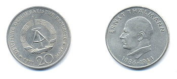 ГДР 20 марок 1971 A, 85 лет со дня рождения Эрнста Тельмана KM 34, J. 1535 медно-никель 54-2542