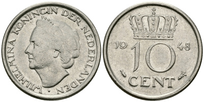 Нидерланды 10 центов 1948 Вильгельмина (1895-1948) KM 177 никель 96-525