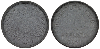 Германия 10 пфеннигов 1921 KM 26, J. 299, Weege 8 цинк 4119-326