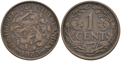 Нидерланды 1 цент 1925 Вильгельмина (1890-1948) KM 152 бронза 4576-734