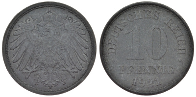 Германия 10 пфеннигов 1921 KM 26, J. 299, Weege 8 цинк 4119-326