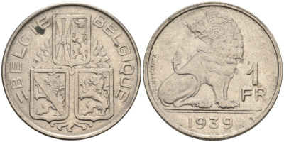 Бельгия 1 франк 1939 Belgie-Belgique, ЛЕОПОЛЬД III (1934-1950) KM 117.1 никель 4573-723