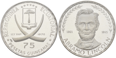 Экваториальная Гвинея 75 песет 1970 Авраам Линкольн, Президент США (1861-1865), в запайке KM 10.1 серебро PROOF 3831-412