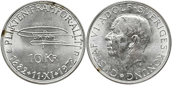 Швеция 10 крон 1972 U, 90 лет со дня рождения Густава VI Адольфа KM 847 серебро 180-633