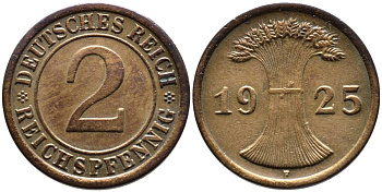 ГЕРМАНИЯ 2 РЕЙХСПФЕННИГА 1925 F, ВЕЙМАРСКАЯ РЕСПУБЛИКА (1919-1933) KM 38, Jager 314, Weege 4 бронза 4546-836