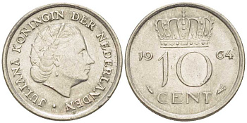 НИДЕРЛАНДЫ 10 ЦЕНТОВ 1964 ЮЛИАНА (1948-1980) KM 182 никель 214-1213