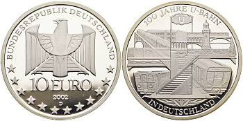 ФРГ 10 евро 2002 D, 100 лет немецкому метро KM 216, DE.S. 10.2 серебро PROOF 02-070-14