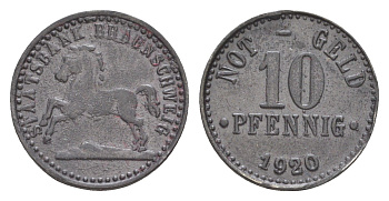 Брауншвейг 10 пфеннигов 1920 Funck 56.8, Men05 3477.2, Men18 4416.2 цинк 4636-951