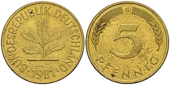 ФРГ 5 пфеннигов 1981 G J.382, KM 107 сталь плакированная латунью    4598-1028