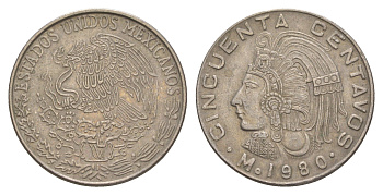 Мексика 50 сентаво 1980 Куаутемок, последний правитель империи ацтеков KM 452 медно-никель 4656-1215