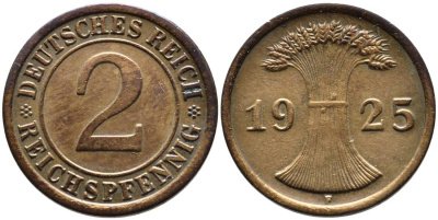 ГЕРМАНИЯ 2 РЕЙХСПФЕННИГА 1925 F, ВЕЙМАРСКАЯ РЕСПУБЛИКА (1919-1933) KM 38, Jager 314, Weege 4 бронза 4546-836