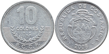 КОСТА-РИКА 10 КОЛОН 2008 B.C.C.R. KM 228b алюминий 51-2444