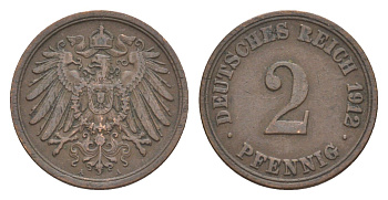 Германия 2 пфеннига 1912 A, Вильгельм II (1888-1918) KM 16, J. 11, Weege 4 медь 4639-1219