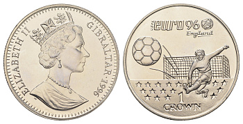 Гибралтар 1 крона 1996 Чемпионат Европы по футболу 1996 KM 359 медно-никель BU 11-173-13