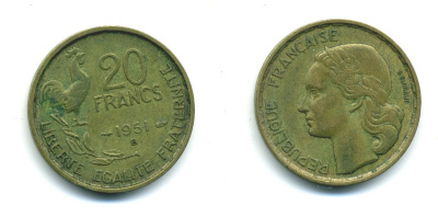 ФРАНЦИЯ 20 ФРАНКОВ 1951 B, ПЕТУХ, 4 ПЕРА KM 917.2, LE FRANC 402.8 алюминиевая бронза 84-823