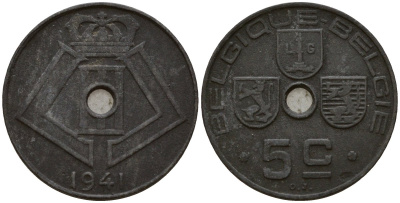 Бельгия 5 сантимов 1941 Belgique - Belgie, Леопольд III (1934-1947), германская оккупация, Вторая мировая война KM 123 цинк 4160-1118
