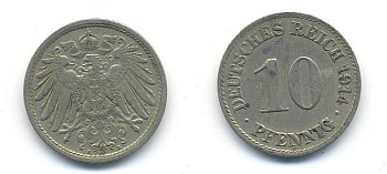 ГЕРМАНИЯ 10 ПФЕННИГОВ 1914 A KM 12, J. 13 медно-никель 58-414