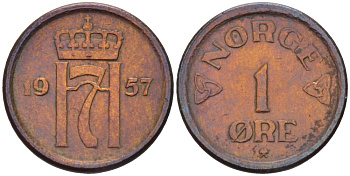 НОРВЕГИЯ 1 ЭРЕ 1957 ХОКОН VII (1905-1957) KM 398 бронза 66-369
