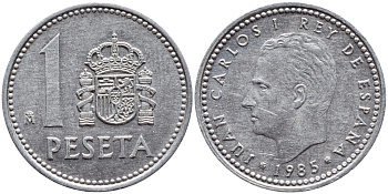 Испания 1 песета 1985 M, Хуан Карлос I (1975-2014) KM 821 алюминий 4398-731