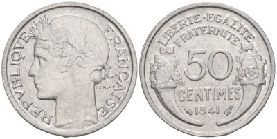 ФРАНЦИЯ 50 САНТИМОВ 1941 ТИП MORLON LOURDE KM 894.1a, LE FRANC 193.2 алюминий 44-241
