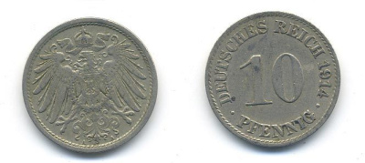 ГЕРМАНИЯ 10 ПФЕННИГОВ 1914 A KM 12, J. 13 медно-никель 58-414