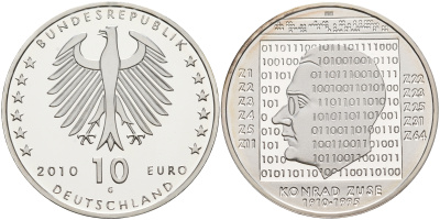 ФРГ 10 евро 2010 G, 100 лет со дня рождения Конрада Цузе KM 289, DE.S. 10.46 серебро PROOF 1076-4-33