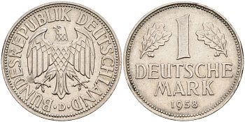 ФРГ 1 марка 1958 D KM 110, J. 385 медно-никель 4592-931