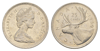 Канада 25 центов 1969 Елизавета II (1952-2022), олень KM 62b никель 4529-452