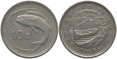 Мальта 10 центов 1986 золотая макрель KM 76 медно-никель 181-156