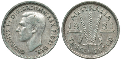 Австралия 3 пенса 1951 m, Георг VI (1937-1952), без букв KM 44 серебро 71-335