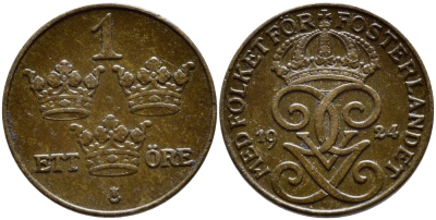 Швеция 1 эре 1924 Густав V (1907-1950) KM 777.2 бронза 4396-164