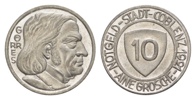 Кобленц 10 пфеннигов 1921 Funck 80.5, Men05 4526.11, Men18 5727.11 железо UNC 4636-947