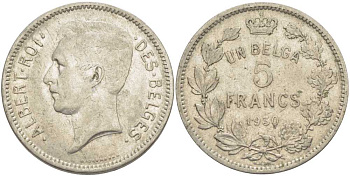 БЕЛЬГИЯ 5 ФРАНКОВ 1930 АЛЬБЕРТ I, DES BELGES KM 97.1 никель 3851-114