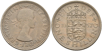 Великобритания 1 шиллинг 1957 Елизавета II (1952-2022), Английский герб KM 904, Spink 4147 медно-никель 4589-1022