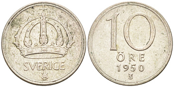 Швеция 10 эре 1950 TS, Густав V (1907-1950) KM 813 серебро 192-139