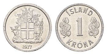 Исландия 1 крона 1977 KM 23 алюминий UNC 4687-815