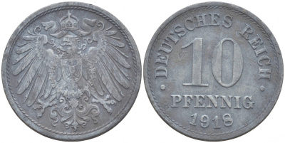 ГЕРМАНИЯ 10 ПФЕННИГОВ 1918 KM 26, J. 299 цинк 87-1556