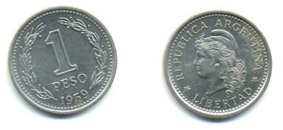 Аргентина 1 песо 1959 голова свободы влево KM 57 сталь плакированная никелем 4364-126