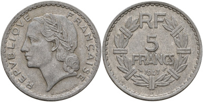 Франция 5 франков 1947 KM 888b алюминий 4157-1116